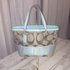 Genuine Coach Mini  Powder Blue Stripe Stylish Blue and Tan Signature 
Tote